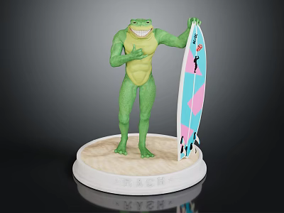 Muscular Green Frog Character Standing With Blue Pink Surfboard On Round Base 3d model