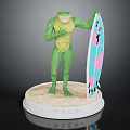 Muscular Green Frog Character Standing With Blue Pink Surfboard On Round Base