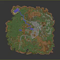 Cartoon Scenic Island with Green Forest Red Mountain Castle and Blue Lake