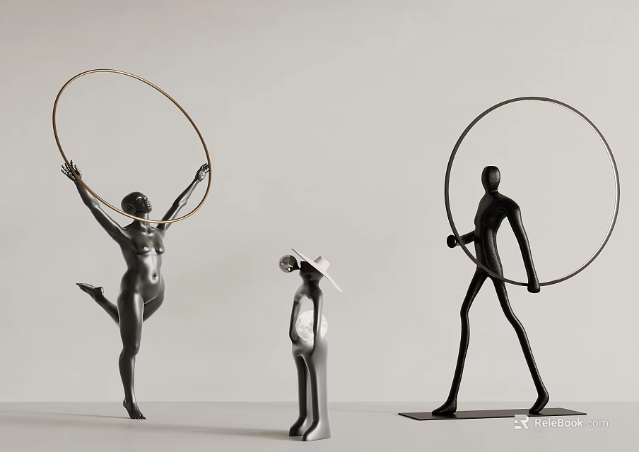 Three Abstract Figure Sculptures Holding Hoops In Art 3d model