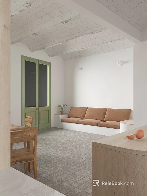 Cozy Living Room With White Walls Green Double Doors Brown Sofa And Wooden Furniture 3d model 