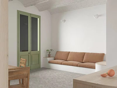 Cozy Living Room With White Walls Green Double Doors Brown Sofa And Wooden Furniture 3d model