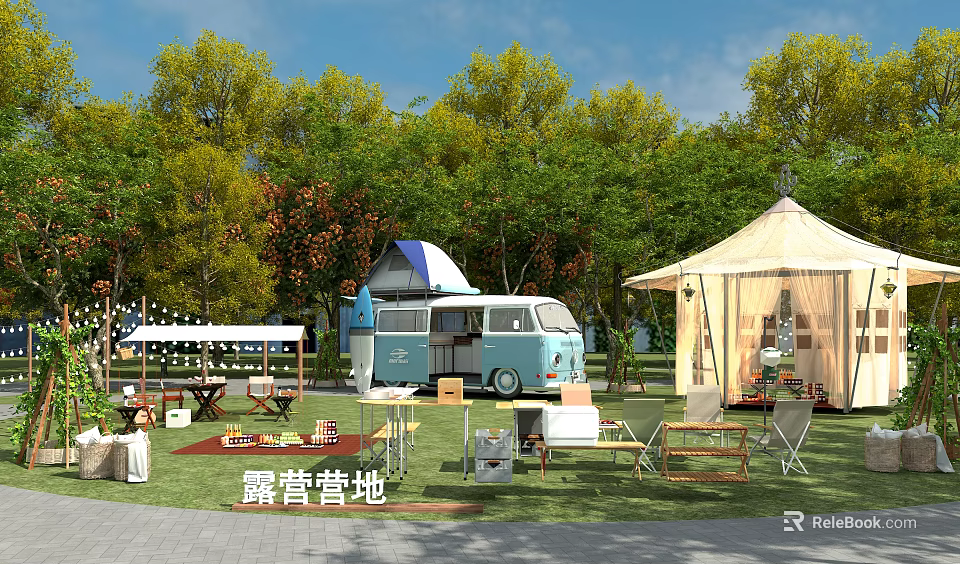 Scenic Campsite With Vintage Van Canvas Tent Outdoor Furniture And Lush Green Trees 3d model 