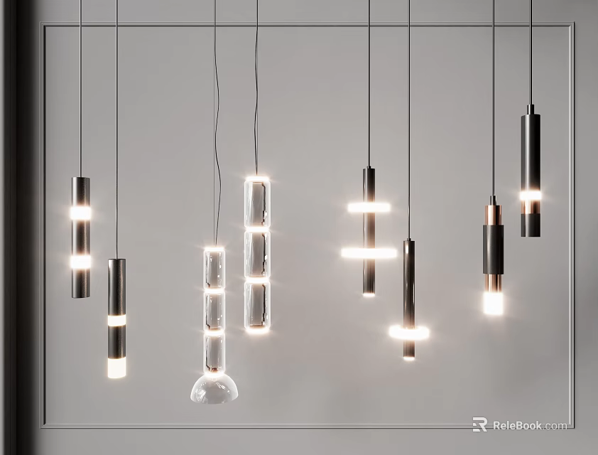 Modern Pendant Lights With Various Sleek Metal And Glass Illuminated Designs 3d model 