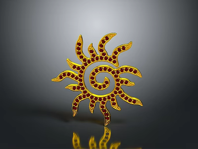 Sun Shaped Golden Household Item With Spiral Design And Red Accents 3d model