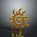 Sun Shaped Golden Household Item With Spiral Design And Red Accents