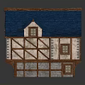 Traditional Half Timbered House Exterior With Blue Roof Wooden Frames And Stone Walls