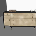 Elegant Entryway Side Cabinet with Beige Body Black Frame Golden Patterns and Decorative Vases
