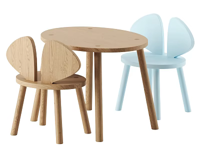 Simple Design Wooden Round Kids Table With Light Blue And Natural Wooden Chairs 3d model