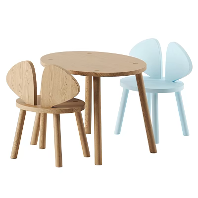 Simple Design Wooden Round Kids Table With Light Blue And Natural Wooden Chairs 3d model