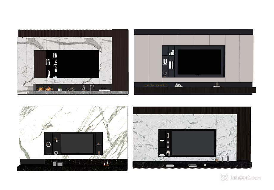 Modern TV Wall Design With Marble Texture And Built In Cabinets 3d model