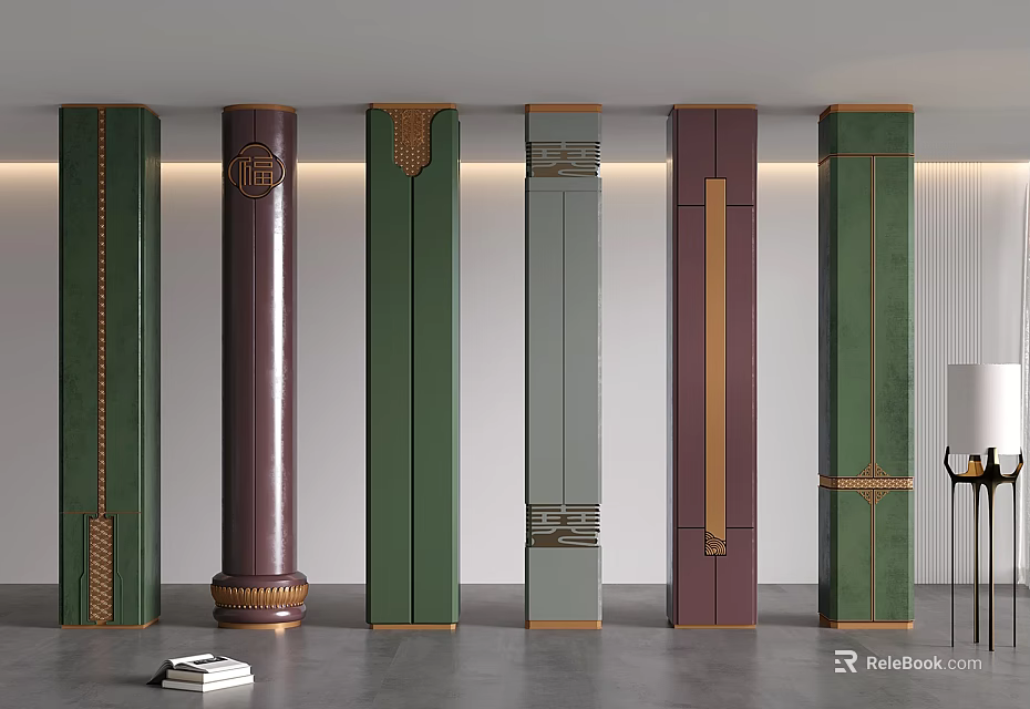 Decorative Columns In Various Colors With Modern Ornamental Designs And Golden Accents 3d model 