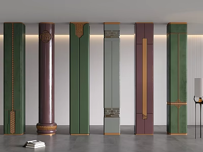 Decorative Columns In Various Colors With Modern Ornamental Designs And Golden Accents 3d model