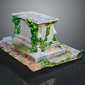 Ornate Outdoor Stone Decorative Box Covered With Green Ivy And Vines