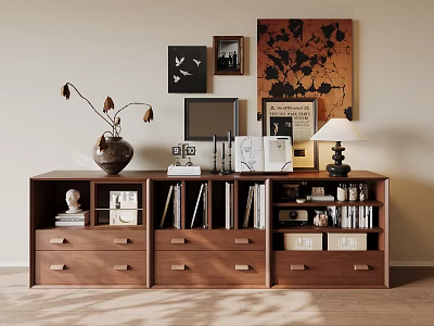 Wooden Decorative Cabinet With Drawers Shelves Vase Photo Frames Table Lamp Books And Decorative Paintings 3d model