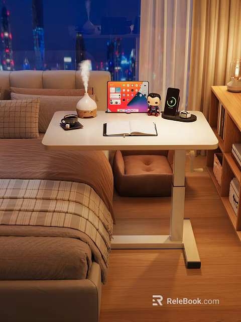 Modern Side Table with Laptop Open Notebook Wireless Charger and Diffuser in Cozy Bedroom Setup 3d model