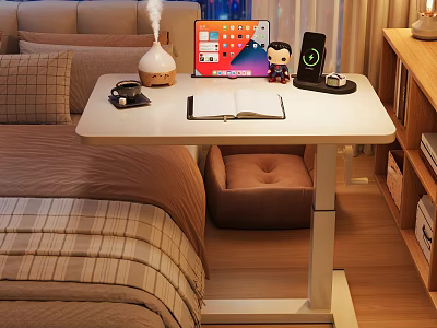 Modern Side Table with Laptop Open Notebook Wireless Charger and Diffuser in Cozy Bedroom Setup 3d model