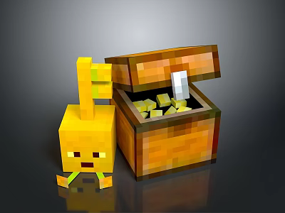 Minecraft Style Yellow Character Next To Open Treasure Chest With Gold Blocks 3d model