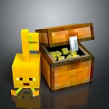 Minecraft Style Yellow Character Next To Open Treasure Chest With Gold Blocks