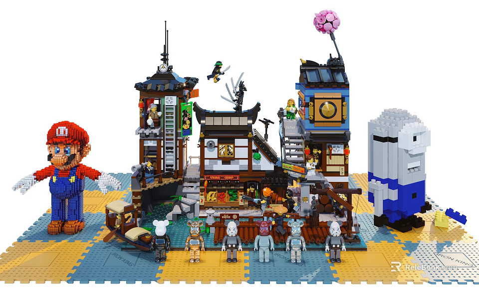 Intricate Building Blocks Scene Featuring Japanese Style Architecture Mario Figure Minifigures And Robot Model 3d model 