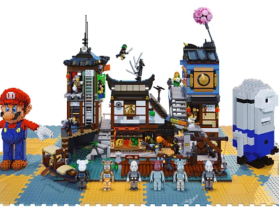 Intricate Building Blocks Scene Featuring Japanese Style Architecture Mario Figure Minifigures And Robot Model 3d model