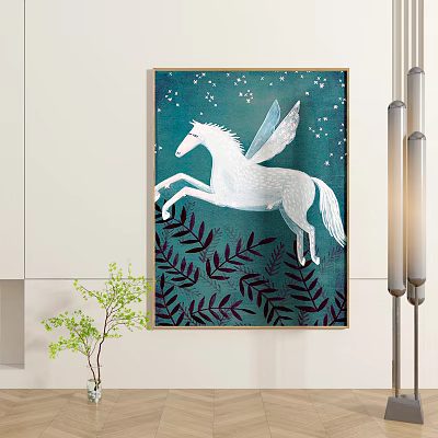 White Winged Horse Animal Painting on Green Background with Stars and Leaves 3d model White Winged Horse Animal Painting on Green Background with Stars and Leaves 3d model