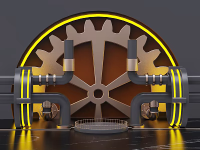 Industrial Style Mechanical Gear Decor With Yellow Accents And Pipes For Home Decoration 3d model