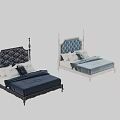 Classic Double Bed With Blue Floral Headboard Black Carved Frame And Navy Blue Bedding