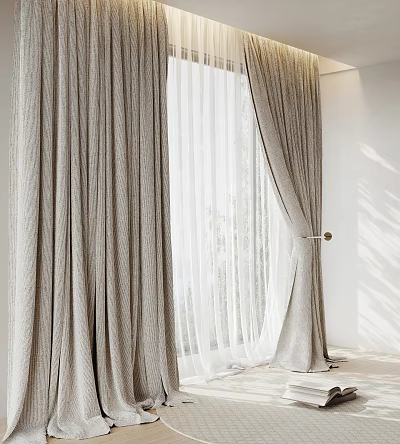 Beige Textured Curtains With White Sheer Panels Draped Open Allowing Natural Light 3d model