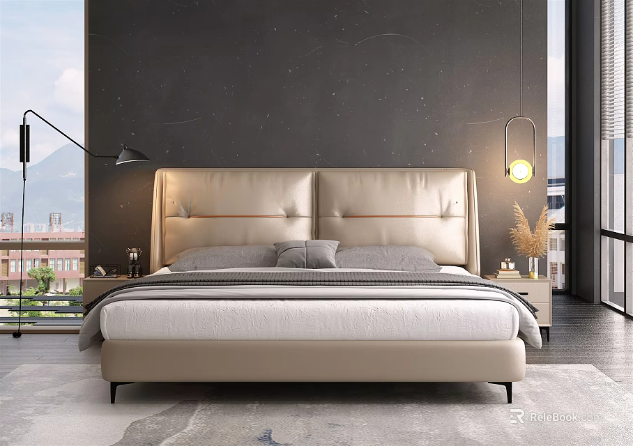 Modern Minimalist Double Bed With Beige Headboard Gray Bedding And Dark Wall Background 3d model 