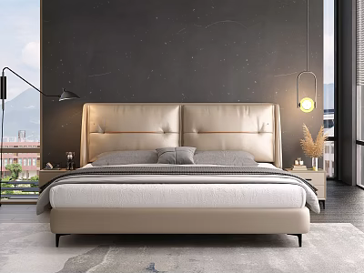 Modern Minimalist Double Bed With Beige Headboard Gray Bedding And Dark Wall Background 3d model