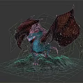 Fantasy 3D Dragon Model With Blue Body Red Wings On Rock And Water Splashes