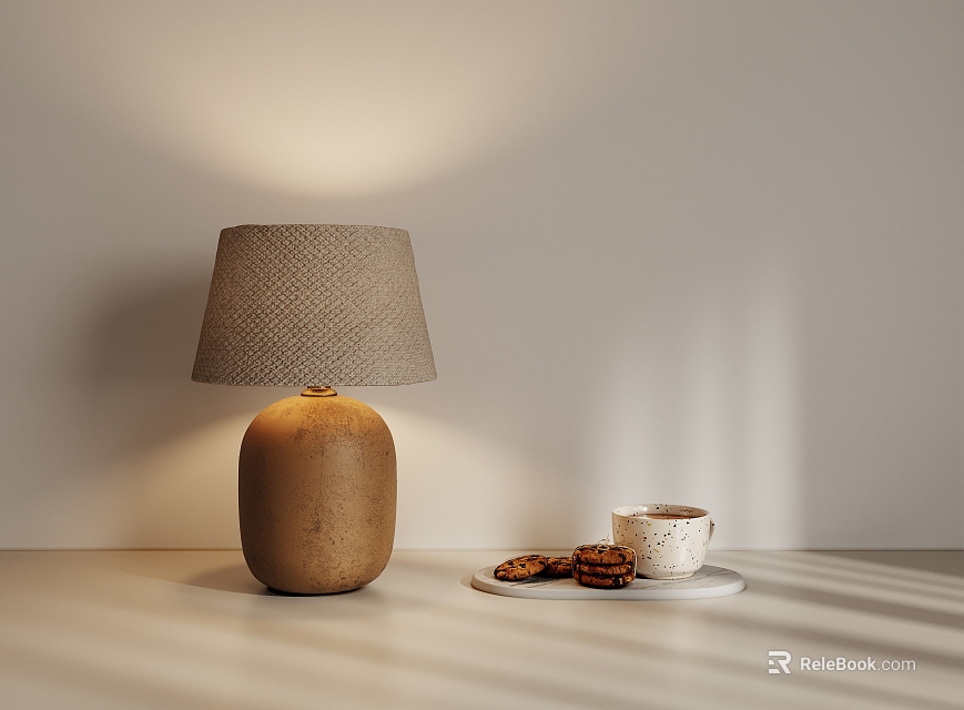 Ceramic Base Table Lamp With Fabric Lampshade And White Tray Coffee Cup Cookies On Table 3d model 