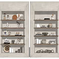 Modern Double Shelf Unit with Multiple Layers and Decorative Bowls Plates on Shelves