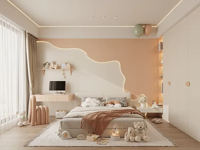 Cozy Kids Room Interior Design With Curved Wall Lighting Stuffed Toys And Soft Rug 3d model