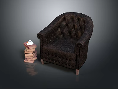 Dark Brown Tufted Armchair with Wooden Legs and Stack of Books with Cup 3d model