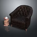 Dark Brown Tufted Armchair with Wooden Legs and Stack of Books with Cup