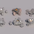 Natural Stone Table and Chair Sets Featuring Various Designs with Fire Pit and Tea Sets 3d model