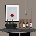 Wine Bottles in Wooden Racks with Wine Glasses Ice Bucket Wall Painting and Hanging Light