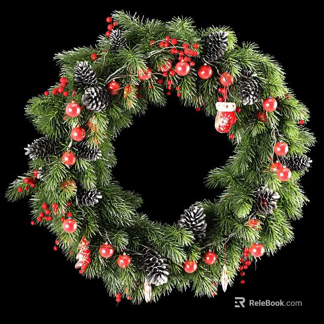 Christmas Wreath Decorative Ornament Set With Green Pine Branches Red Berries And Pine Cones 3d model 