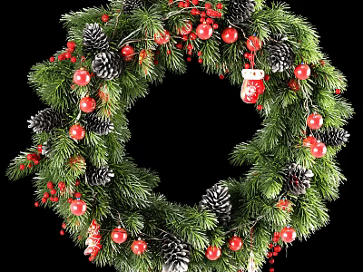 Christmas Wreath Decorative Ornament Set With Green Pine Branches Red Berries And Pine Cones 3d model