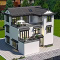 Chinese Style Detached Villa With Traditional Roof White Walls And Balconies Surrounded By Green Trees