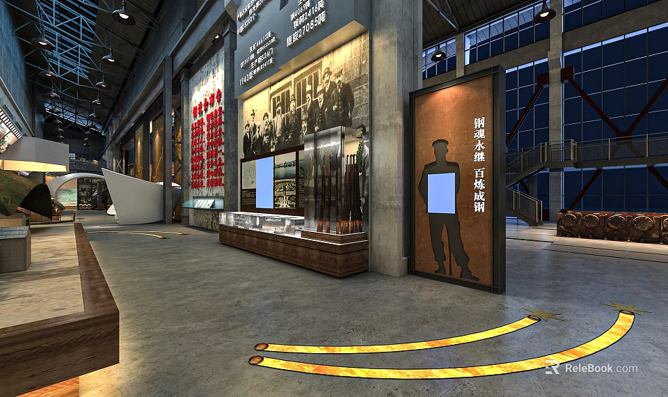 Copper and Wood Crafts Intangible Cultural Heritage Exhibition Hall with Historical Photos and Display Cabinets 3d model 