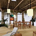 Rustic Thatch Roof Canopy with Wooden Columns Tables Chairs and Decorative Plants for Outdoor Lounge