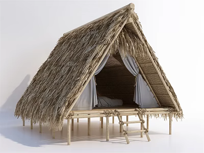 Triangular Thatched Hut With Bamboo Frame Mattress And Curtains Inside 3d model