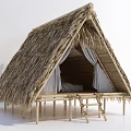 Triangular Thatched Hut With Bamboo Frame Mattress And Curtains Inside
