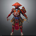 Red Samurai Armor With Detailed Ornamental Design Traditional Hat And Weapon
