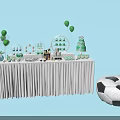 Decorated Dining Table With White Tablecloth Desserts Drinks Green Balloons And Soccer Ball