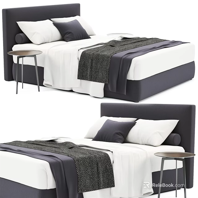 Modern Double Bed With White Sheets Dark Headboard Pillows And Side Table 3d model