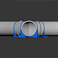 T Shaped Silver Colored Metal Pipe Fitting With Blue Rings On Black Reflective Surface